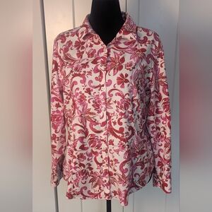 Chico’s No Iron Floral Print Button Up Top Size 3  XL Stretch Red Pink White EUC